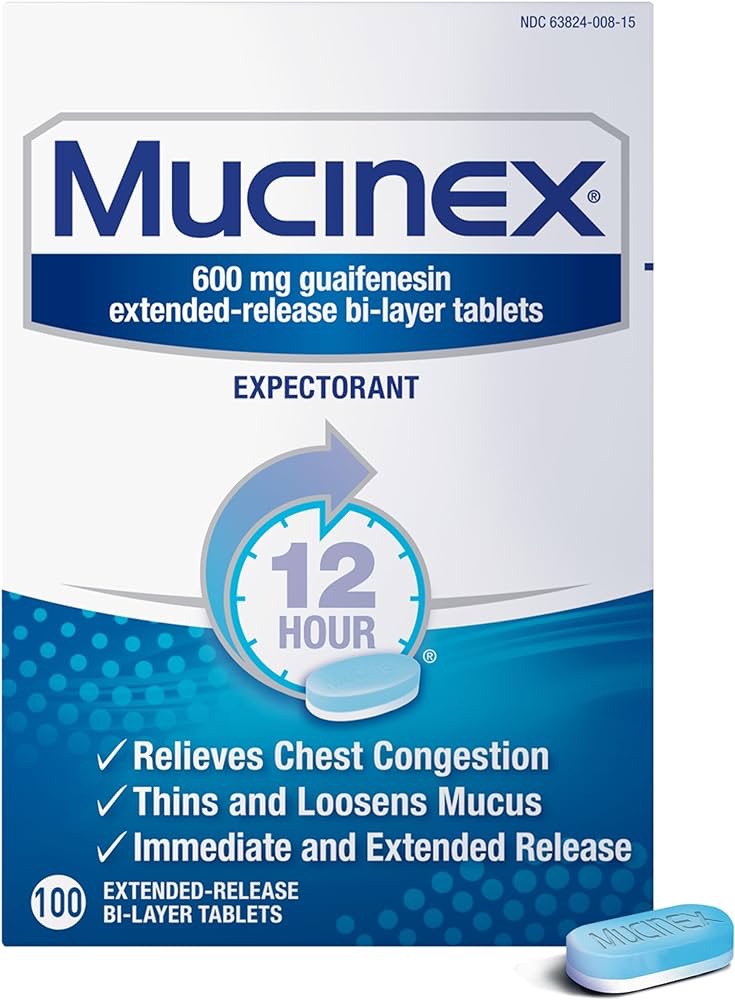 Amazon.com: Mucinex 12 Hour Extended Release Tablets, 600 mg Guaifenesin - Chest Congestion Relief, Thins and Loosens Mucus, 100 Count : Health & Household