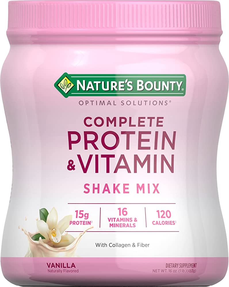 Nature’s Bounty 完整蛋白质和维生素混合奶昔，含胶原蛋白和纤维，含有促进免疫健康的维生素 C，香草味，16 盎司