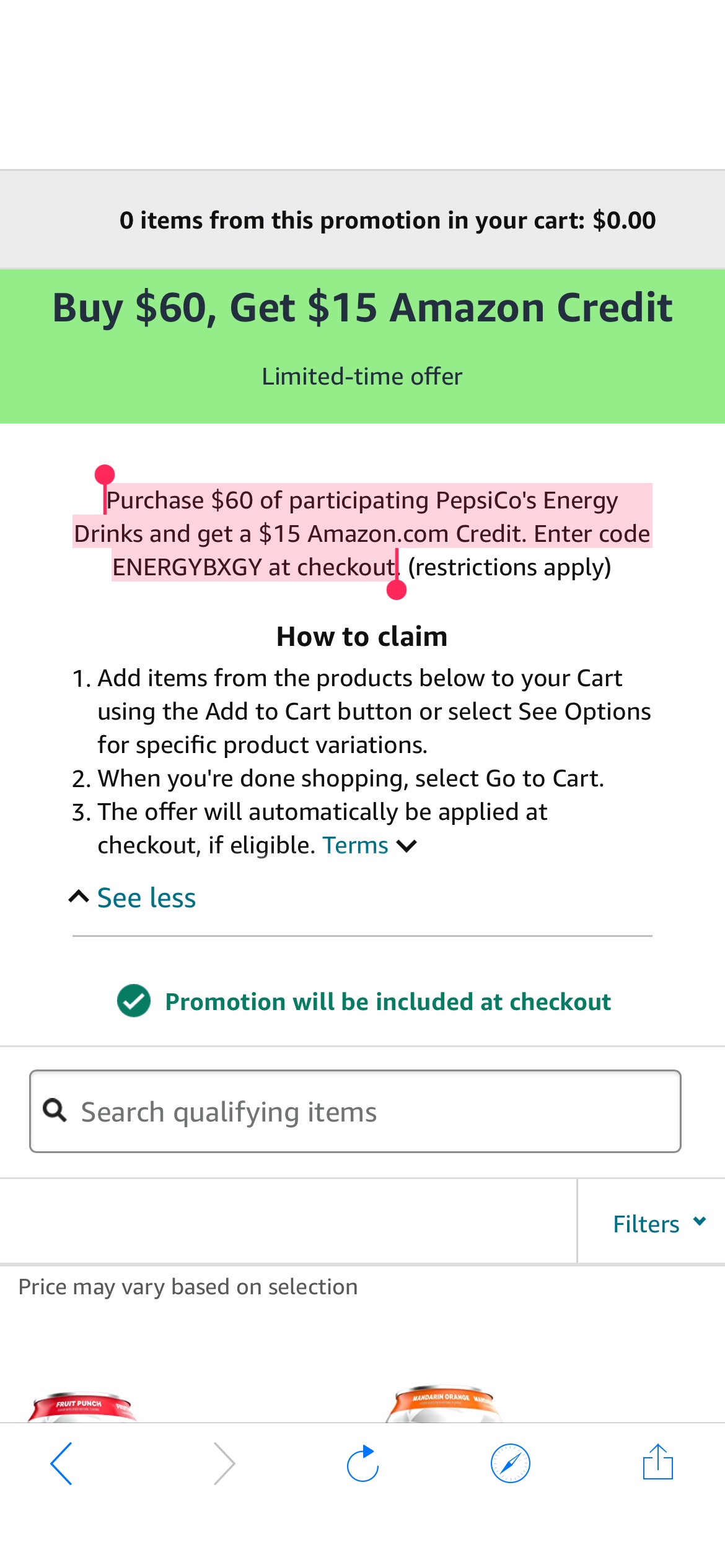Purchase $60 of participating PepsiCo's Energy Drinks and get a $15 Amazon.com Credit. Enter code ENERGYBXGY at checkout