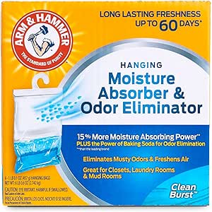 Amazon.com - Arm &amp; Hammer Hanging Moisture Absorber and Odor Eliminator, 16.1 oz., 6 Pack, Clean Burst, Moisture Absorbers for Closet and Small Rooms, Long-Lasting Freshness