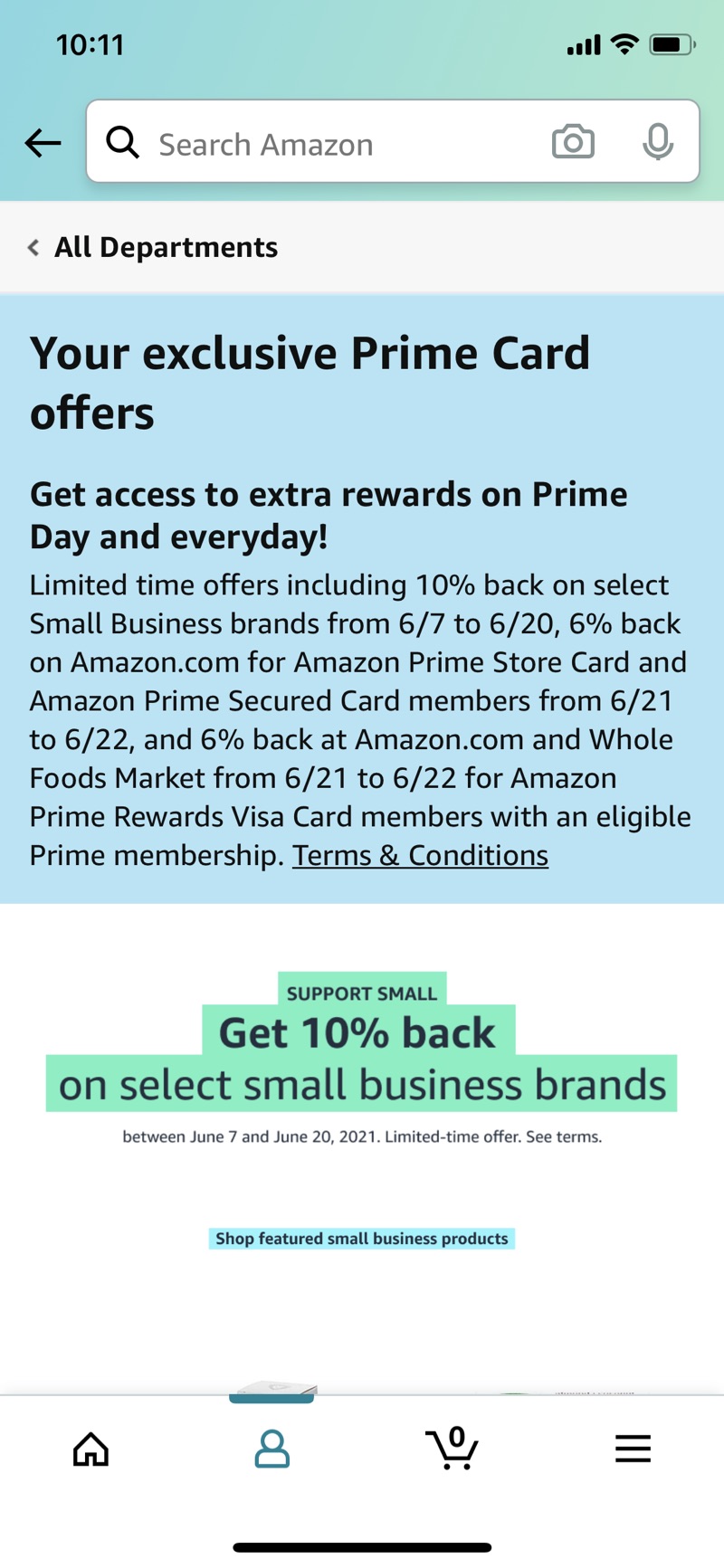 Amazon Prime Credit Card 部分商家限时10%返现，Prime Day当天6%返现