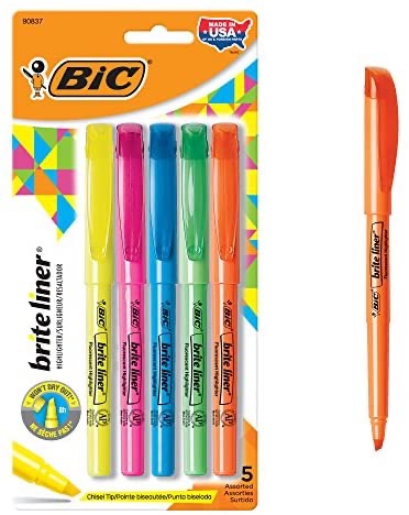 BIC Brite Liner 荧光笔，凿尖，各种颜色，5 支，用于广泛的突出显示或精细的下划线