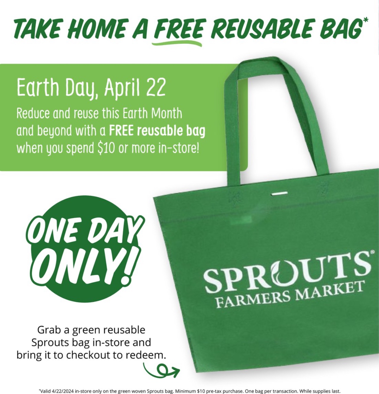 预告 4月22 Sprouts Farmers Market 店内消费满$10送 reusable bag