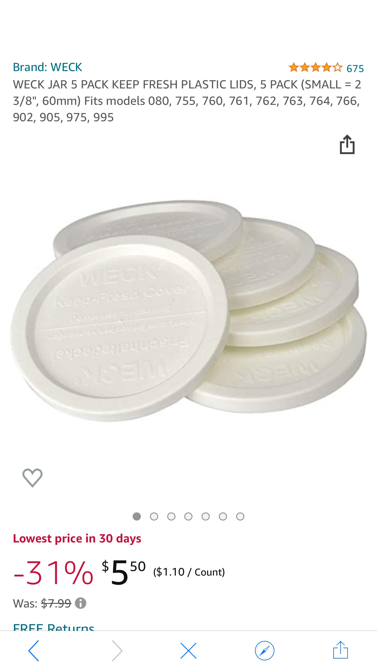 Amazon.com: WECK JAR 5 PACK KEEP FRESH PLASTIC LIDS, 5 PACK (SMALL = 2 3/8", 60mm) Fits models 080, 755, 760, 761, 762, 763, 764, 766, 902, 905, 975, 995 : Home & Kitchen