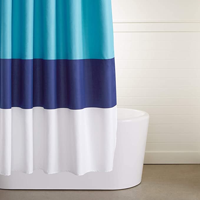 Amazon.com: Amazon Basics 有趣好玩的蓝色/海军/白色条纹印花图案儿童超细纤维浴室浴帘 - 蓝色/海军/白色条纹，72 英寸
