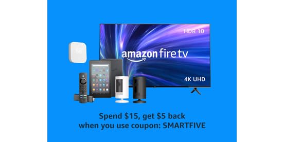 Amazon Devices Spend $15, get $5 back when you use coupon: SMARTFIVE 