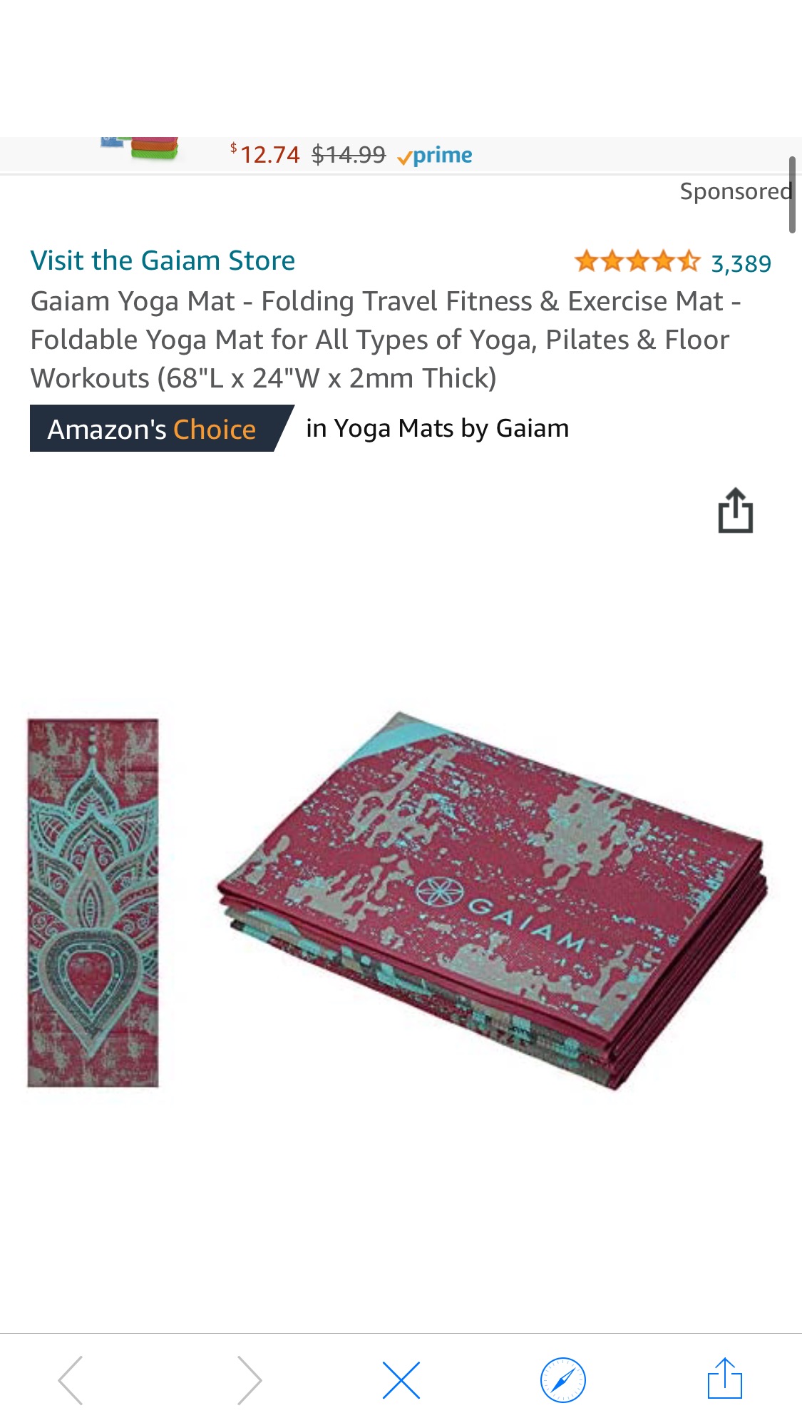 Gaiam Yoga Mat Folding Travel Fitness & Exercise Mat | Foldable Yoga Mat for All Types of Yoga, Pilates & Floor Workouts, Be Free, 2mm 旅行瑜伽垫