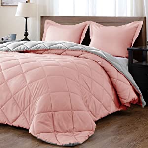 Amazon.com: 带2个枕套的downluxe轻巧固体床罩（女王）-3件套-粉色和灰色-羽绒另类可逆床罩
