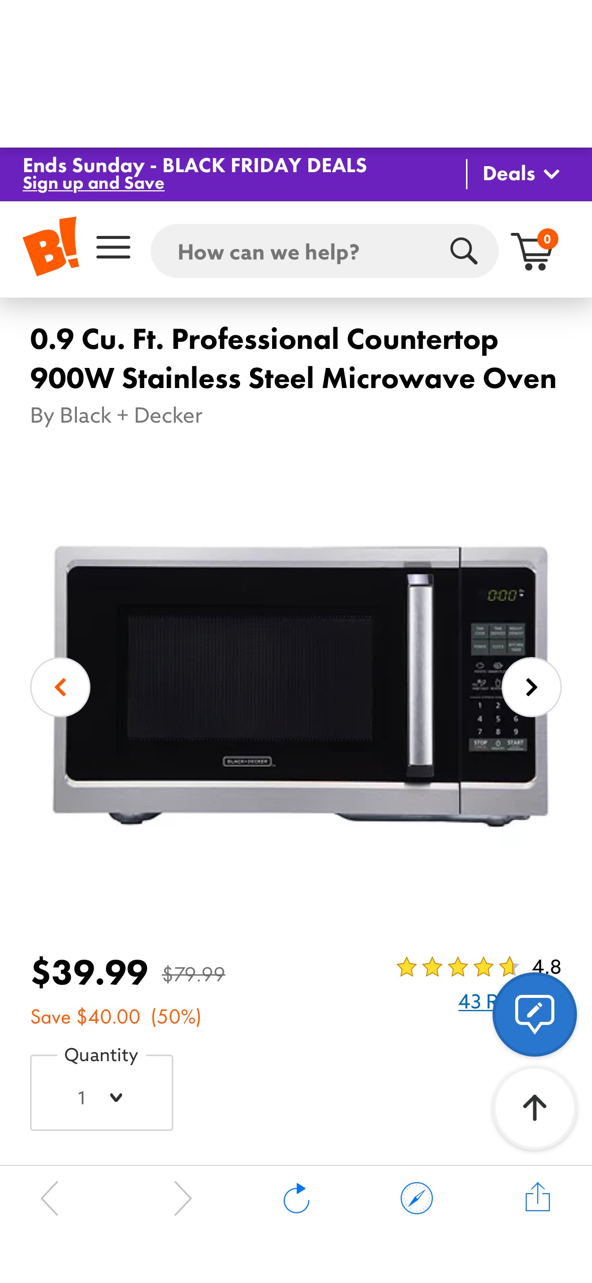 Black + Decker 0.9 Cu. Ft. Professional Countertop 900W Stainless Steel Microwave Oven | Big Lots