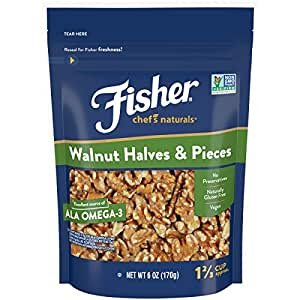 Fisher Chef's Naturals Walnut Halves and Pieces, 6 Ounces, Unsalted, Naturally Gluten Free, No Preservatives, Non-GMO, Keto, Paleo, Vegan Friendly