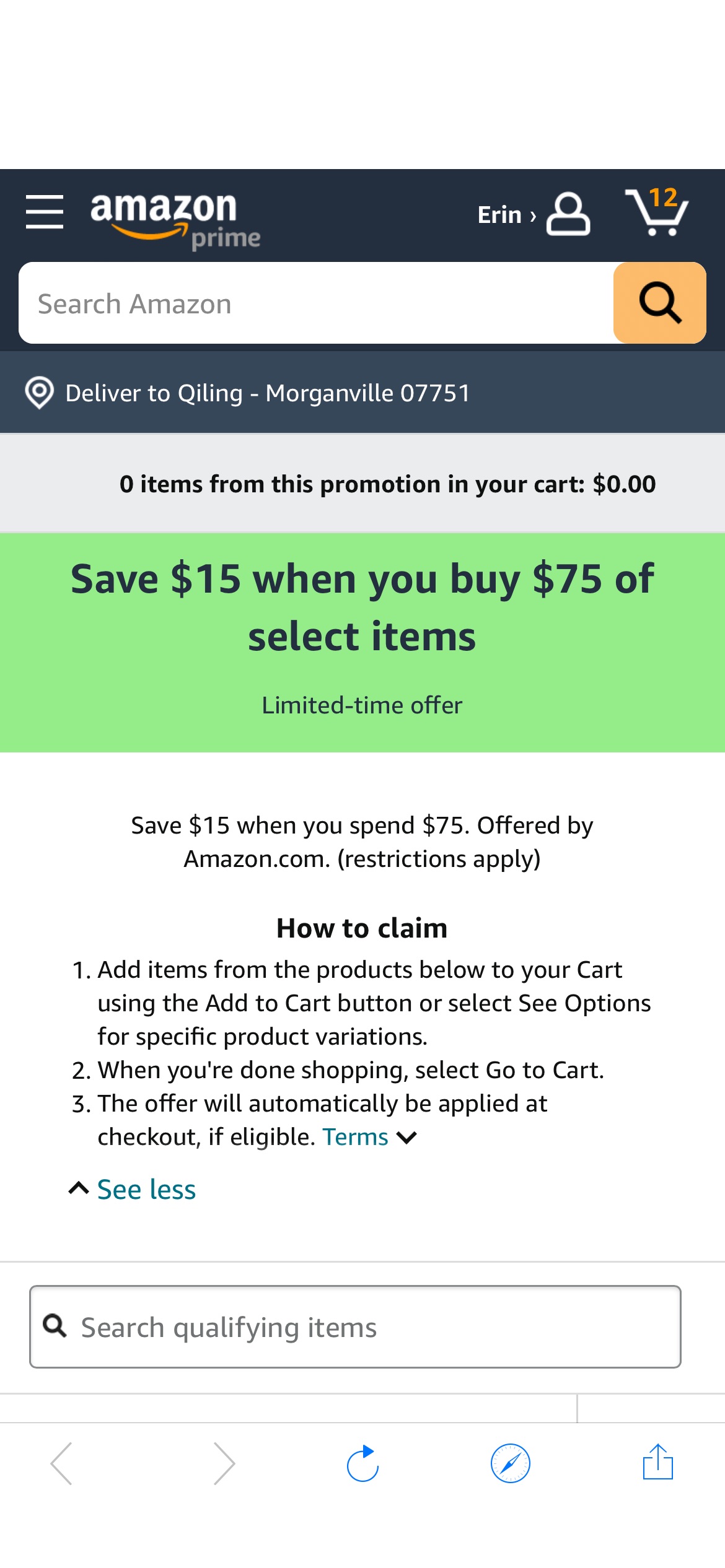 Amazon.com: Save $15 when you buy $75 of select items promotion