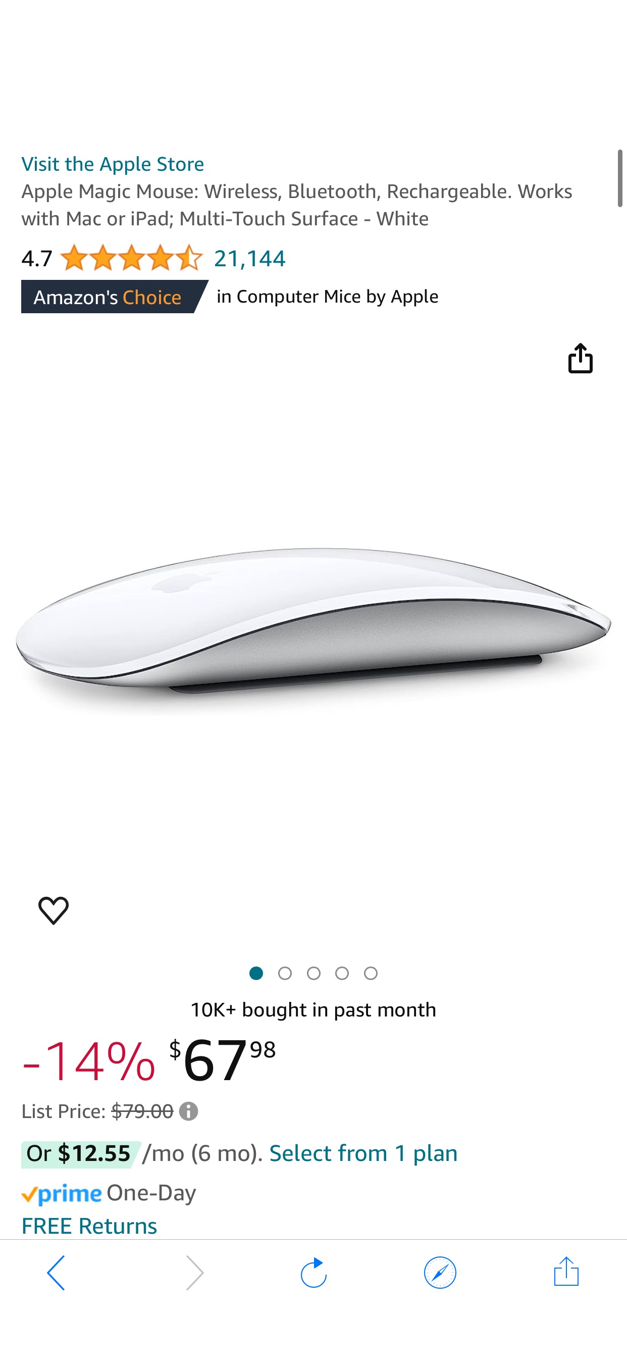 Amazon.com: Apple Magic Mouse: Wireless, Bluetooth, Rechargeable. Works with Mac or iPad; Multi-Touch Surface - White : Electronics 苹果鼠标