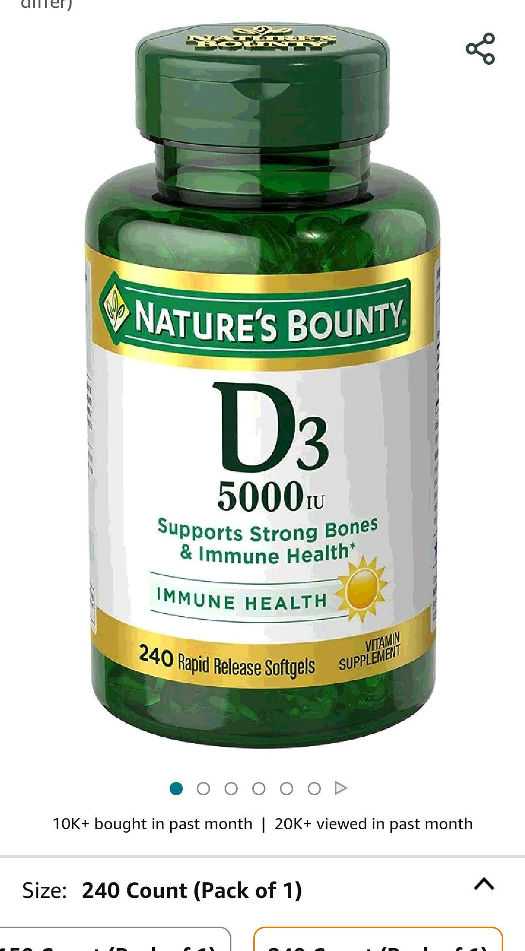 Nature’s Bounty Vitamin D3, Immune Support, 125 mcg (5000iu), Rapid Release Softgels, 240 Ct (package may differ) : Health & Household