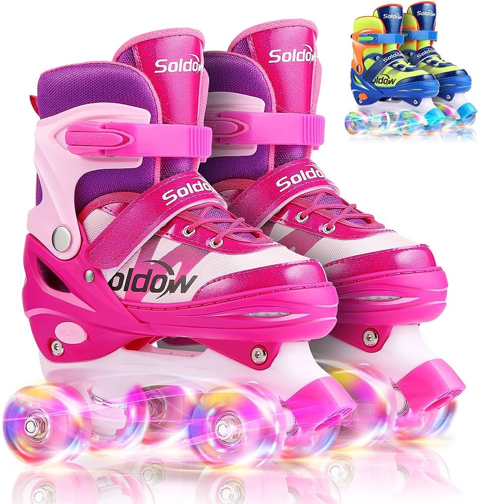 Soldow 可调溜冰鞋发光溜冰鞋女童男孩闪光儿童溜冰鞋带全发光轮