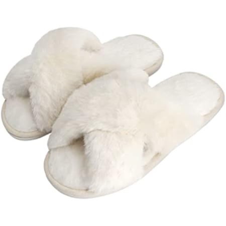 Amazon.com | Ankis Women White Fuzzy Fluffy Slippers Soft Cozy Plush Fluffy Slippers Memory Foam Slipper Fluffy Furry Open Toe Fuzzy Slippers Bedroom Comfy Cross Band Slippers for Womens | Slippers