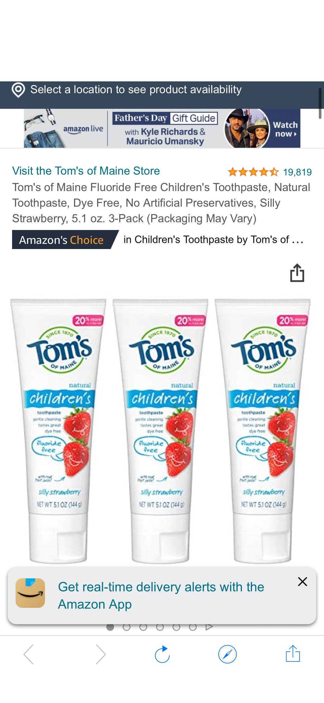 Amazon.com : Tom's of Maine Fluoride Free Children's Toothpaste, Natural Toothpaste, Dye Free, No Artificial Preservatives, Silly Strawberry, 5.1 oz. 3-Pack (Packaging May Vary) : Health & Household
