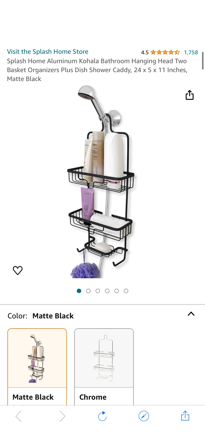 Amazon.com: Splash Home Aluminum Kohala Bathroom Hanging Head Two Basket Organizers Plus Dish Shower Caddy, 24 x 5 x 11 Inches, Matte Black : Home & Kitchen