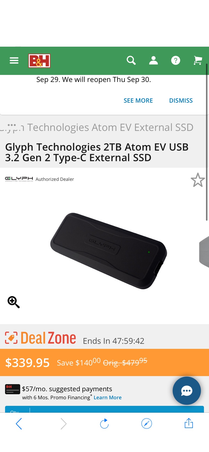 记忆卡Glyph Technologies 2TB Atom EV USB 3.2 Gen 2 Type-C A2000EV B&H