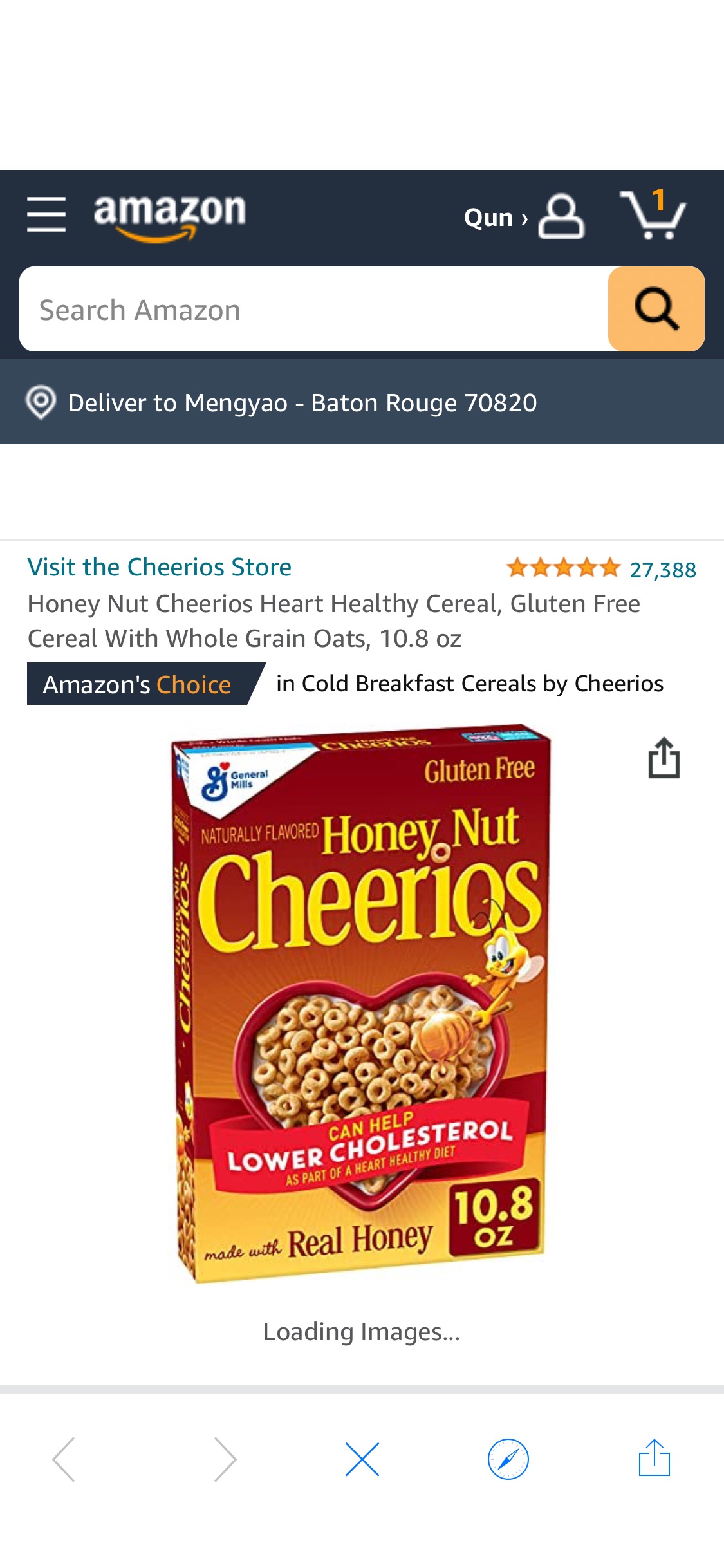 Amazon.com: Honey Nut Cheerios Heart Healthy Cereal, Gluten Free Cereal With Whole Grain Oats, 10.8 oz 零食