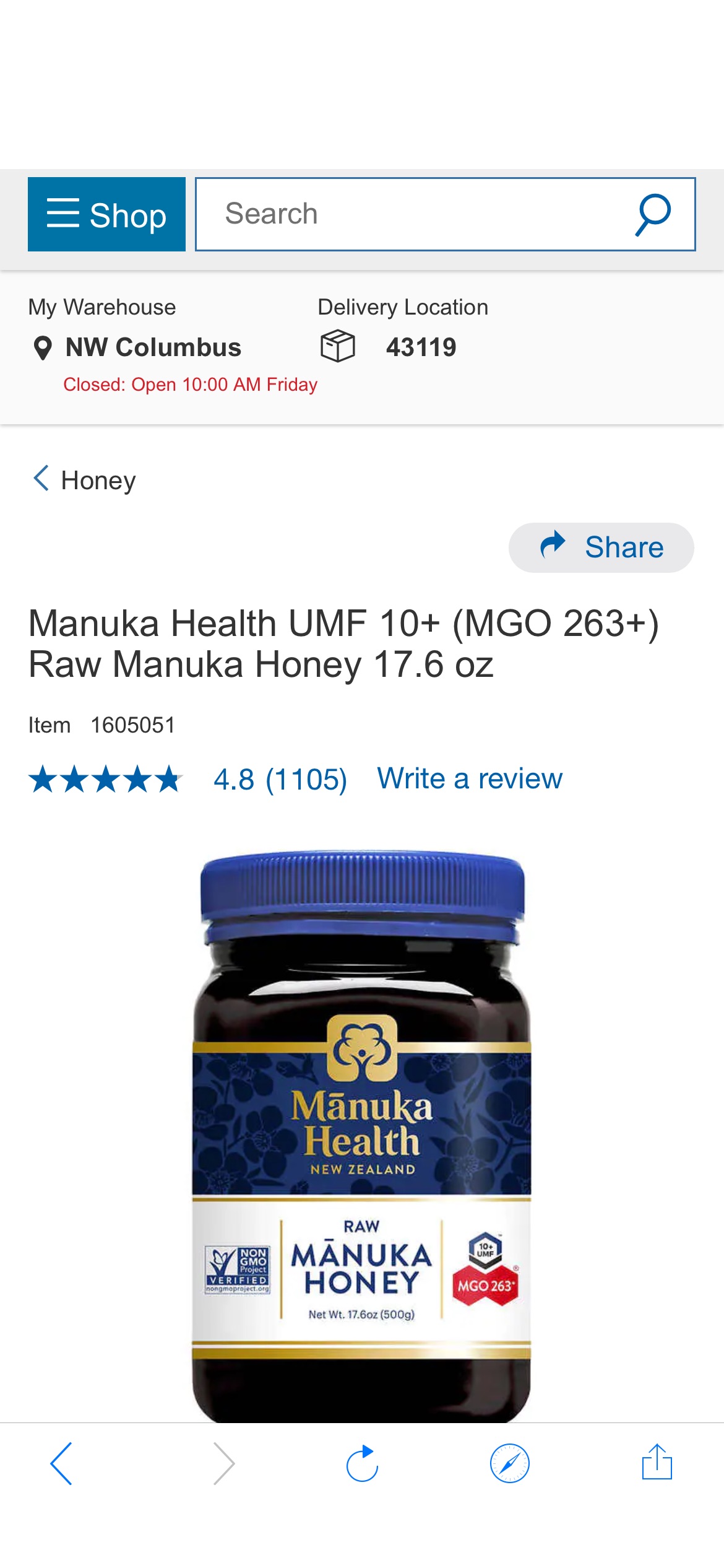 麦卢卡蜂蜜Manuka Health UMF 10+ (MGO 263+) Raw Manuka Honey 17.6 oz | Costco