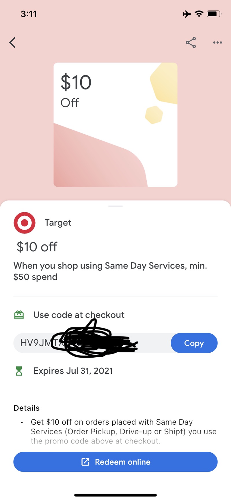 Google pay有Target same day delivery offer，50-10
