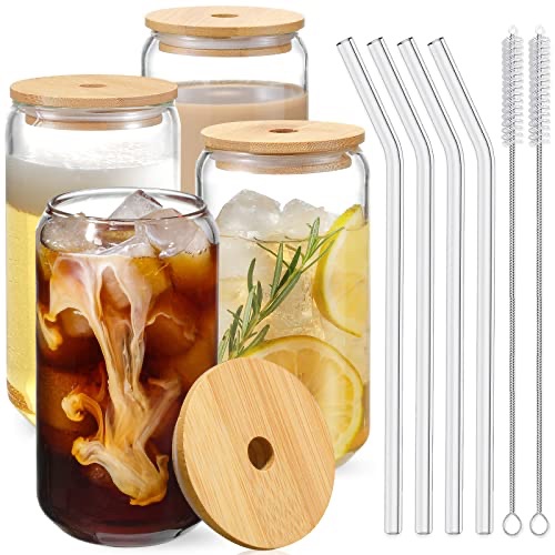 Amazon.com | Drinking Glasses with Bamboo Lids and Glass Straw 4pcs Set - 16oz Can Shaped Glass Cups, Beer Glasses, Iced Coffee Glasses, Cute Tumbler Cup, Ideal for Cocktail, Whiskey, Gift - 2 Cleaning Brushes: Mixed Drinkware Sets