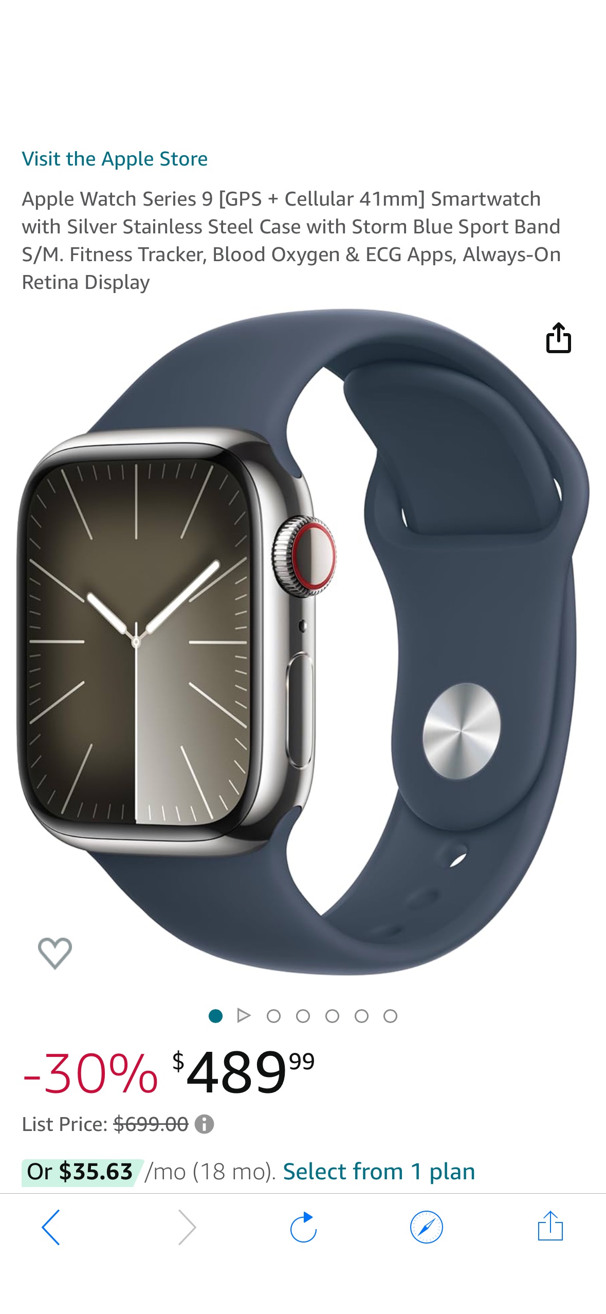 Amazon.com: Apple Watch Series 9 [GPS + Cellular 41mm] Smartwatch with Silver Stainless Steel 缺货仍可下单