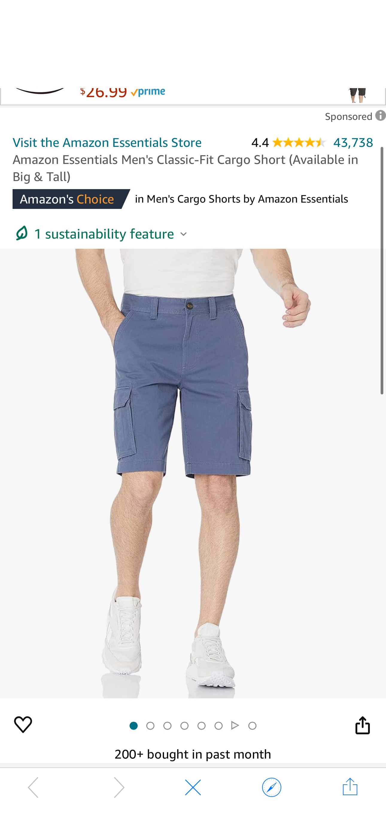 Amazon.com: Amazon Essentials Men's Classic-Fit Cargo Short (Available in Big & Tall), Indigo, 38 : Clothing, Shoes & Jewelry