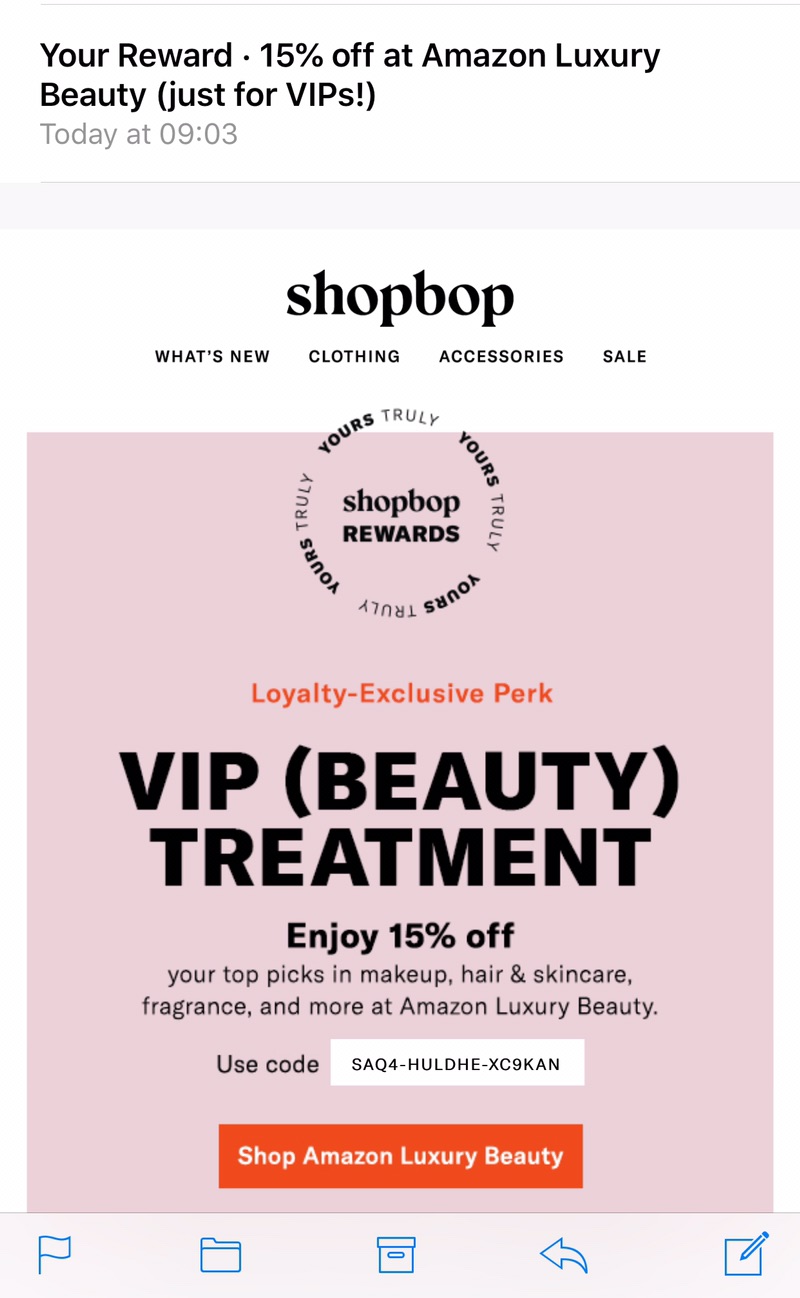 Amazon Luxury Beauty现有美妆护肤用品选中款85折，仅限Shopbop VIP 用户。