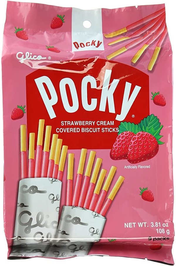 Pocky Strawberry Cream Covered Biscuit Sticks 9 Individual Bags