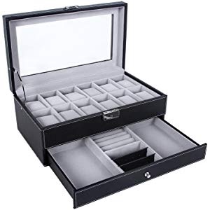 Amazon.com: Sodynee Watch Box Large 12 Mens Black Pu Leather Display Glass Top with Jewelry Box Case Organizer Tray: Home & Kitchen首饰收纳盒