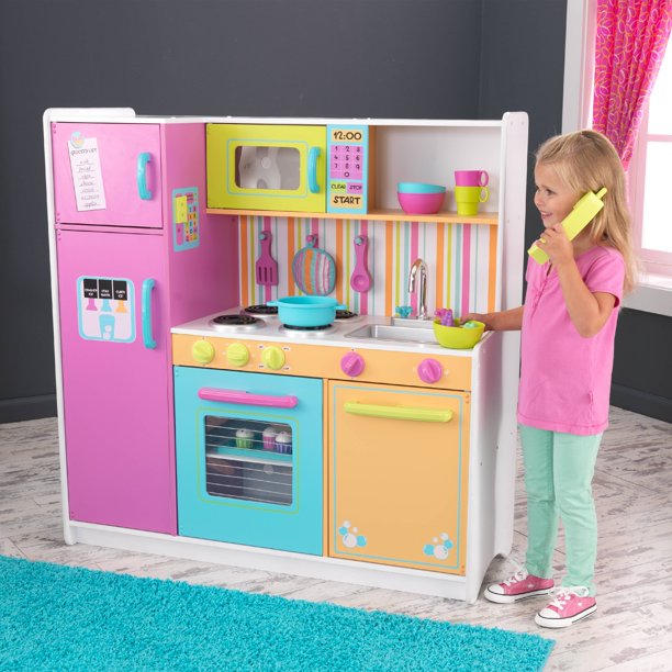KidKraft木制豪华宽敞明亮厨房，带4件配件组合玩具