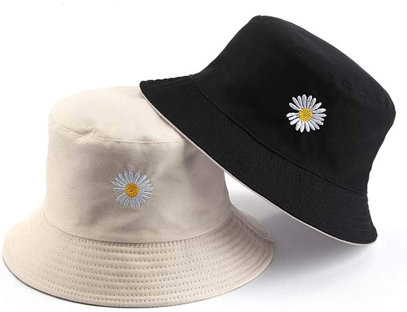 Daisy-Bucket-Hats Reversible Fisherman-Cap Packable Summer Sun Protection (Beige/Black 1pc) 小雏菊双面渔夫帽