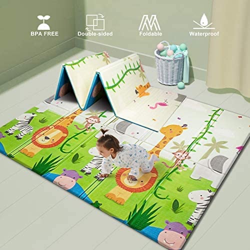 时尚婴幼儿大尺寸爬行毯限时促销Foldable Baby Play Mat for Crawling, Extra Large Play Mat for Baby, Waterproof Non Toxic Anti-Slip Reversible Foam Playmat for Baby Toddlers Kids 71" x 79" x 0.6"
