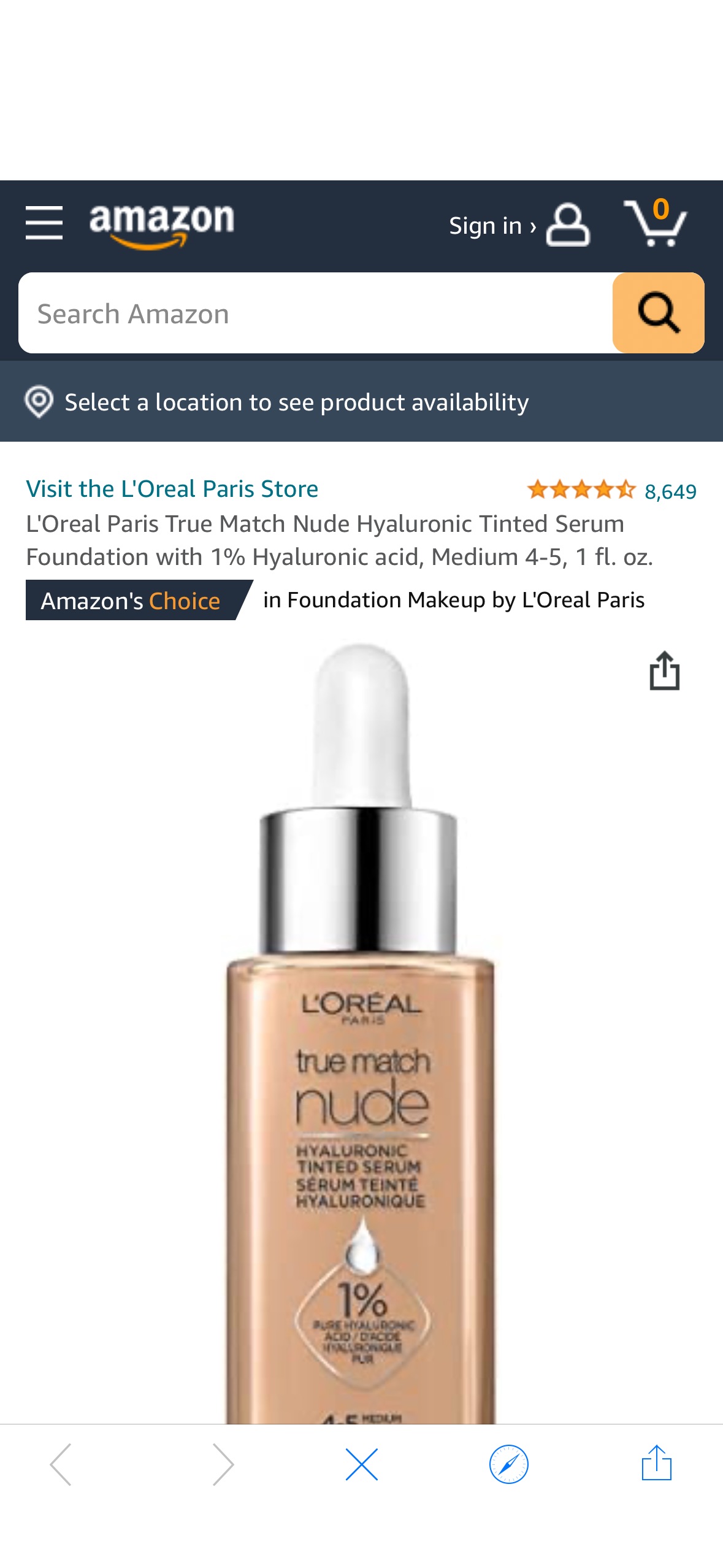 Amazon.com : L'Oreal Paris True Match Nude Hyaluronic Tinted Serum Foundation with 1% Hyaluronic acid, Medium 4-5, 1 fl. oz.粉底液