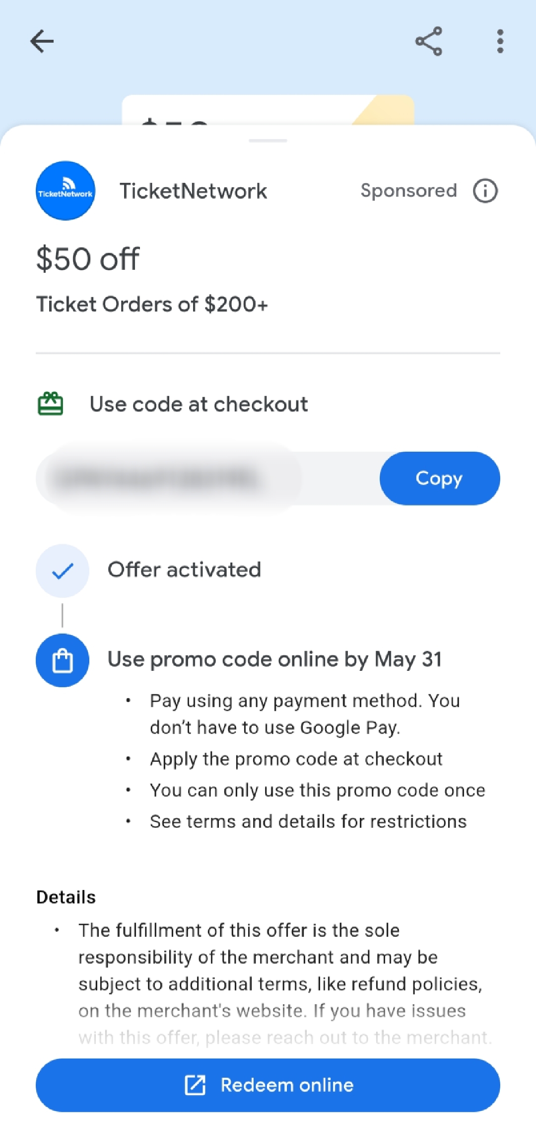 GooglePay现有TicketNetwork满$200减$50的offer优惠