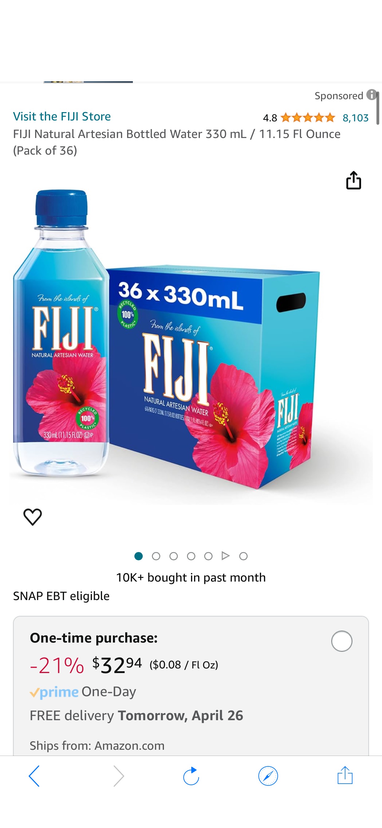 Amazon.com: FIJI Natural Artesian Bottled Water 330 mL / 11.15 Fl Ounce (Pack of 36) : Grocery & Gourmet Food 斐济水36瓶 每瓶不到$1