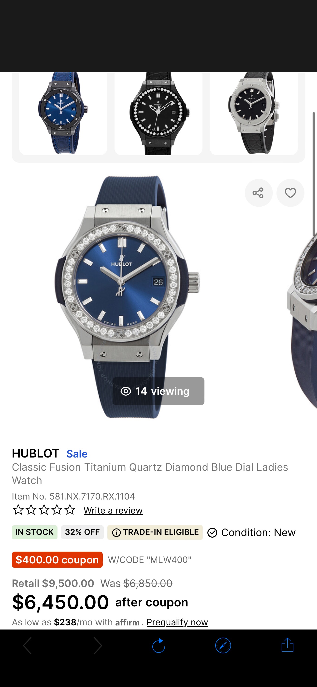 Hublot Classic Fusion Titanium Quartz Diamond Blue Dial Ladies Watch 581.NX.7170.RX.1104 - Watches, Classic Fusion - Jomashop