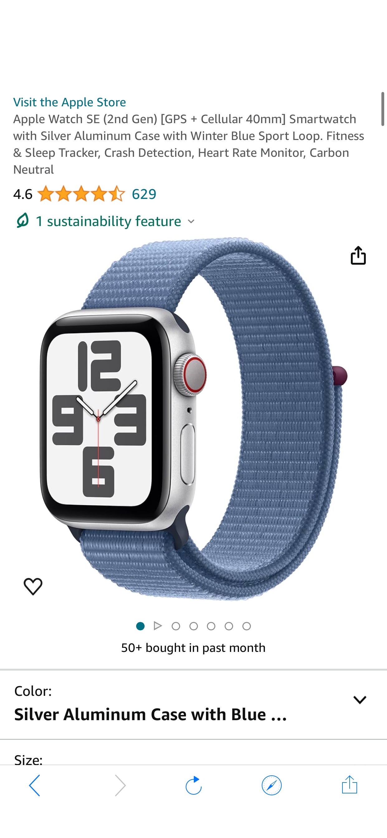 Amazon.com: Apple Watch SE (2nd Gen) [GPS + Cellular 40mm] Smartwatch with Silver Aluminum Case with Winter Blue Sport Loop. Fitness & Sleep Tracker, Crash Detection, Heart Rate Monitor, Carbon Neutra