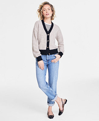 On 34th Women's V-Neck Contrast-Edge Long-Sleeve Cardigan, Created for Macy's - Macy's