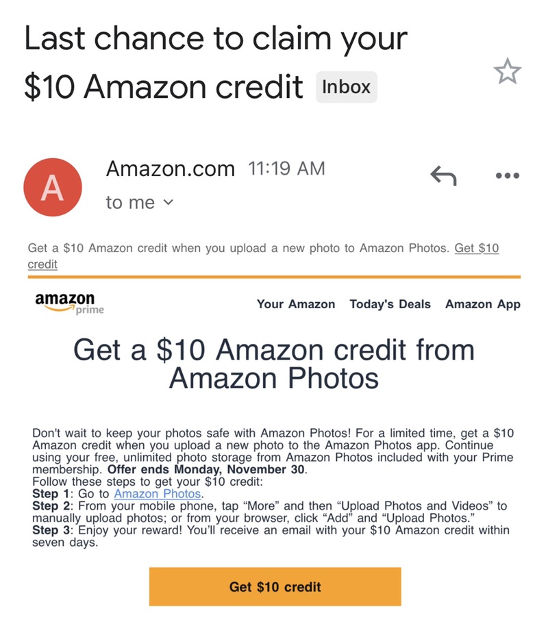 上传照片至Amazon Photo, 得10刀礼卡