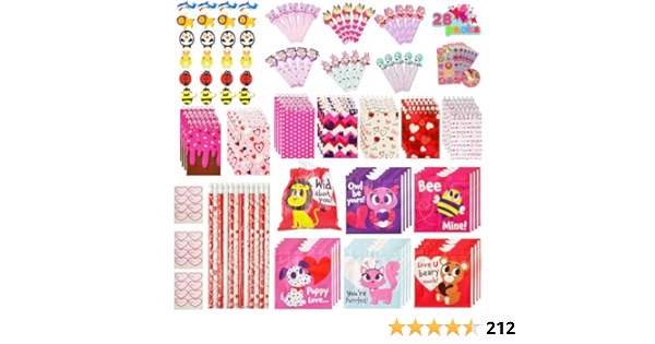 JOYIN 28 Pack Valentines Day Stationery Gifts for Kids, Stationery Set with Drawstring Treat Bags for Kids Party, Classroom Exchange Prizes, includes Notebooks, Rulers, Erasers, and Pencil