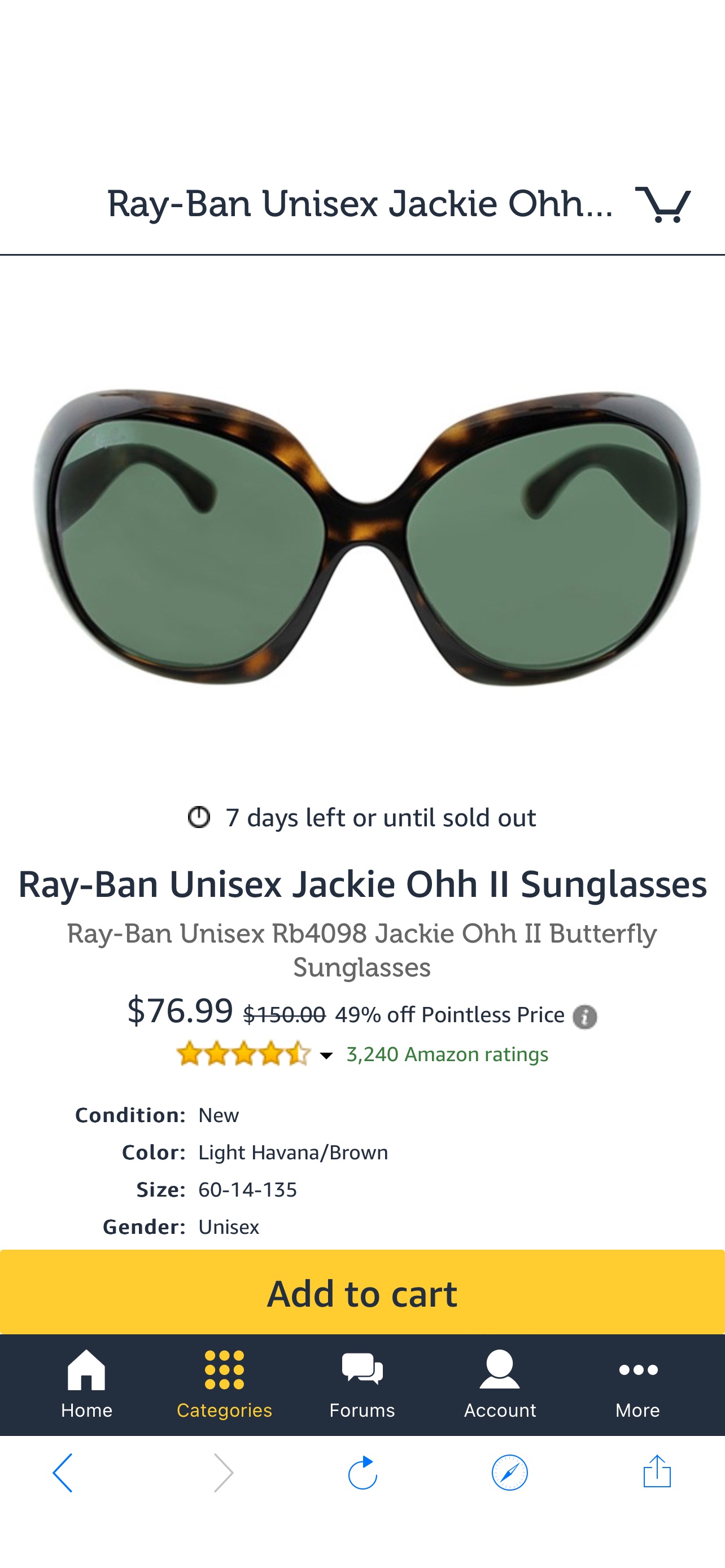 墨镜Ray-Ban Unisex Jackie Ohh II Sunglasses