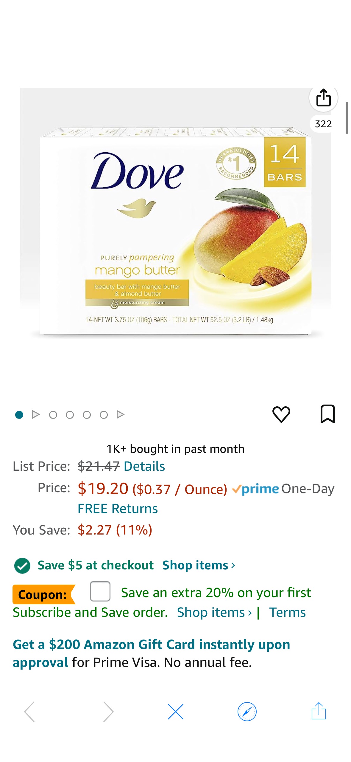 Amazon.com : Dove Beauty Bar To Moisturize Dry Skin With Mango Butter More Moisturizing Than Bar Soap, 3.75 Ounce (Pack of 14) : Beauty & Personal Care