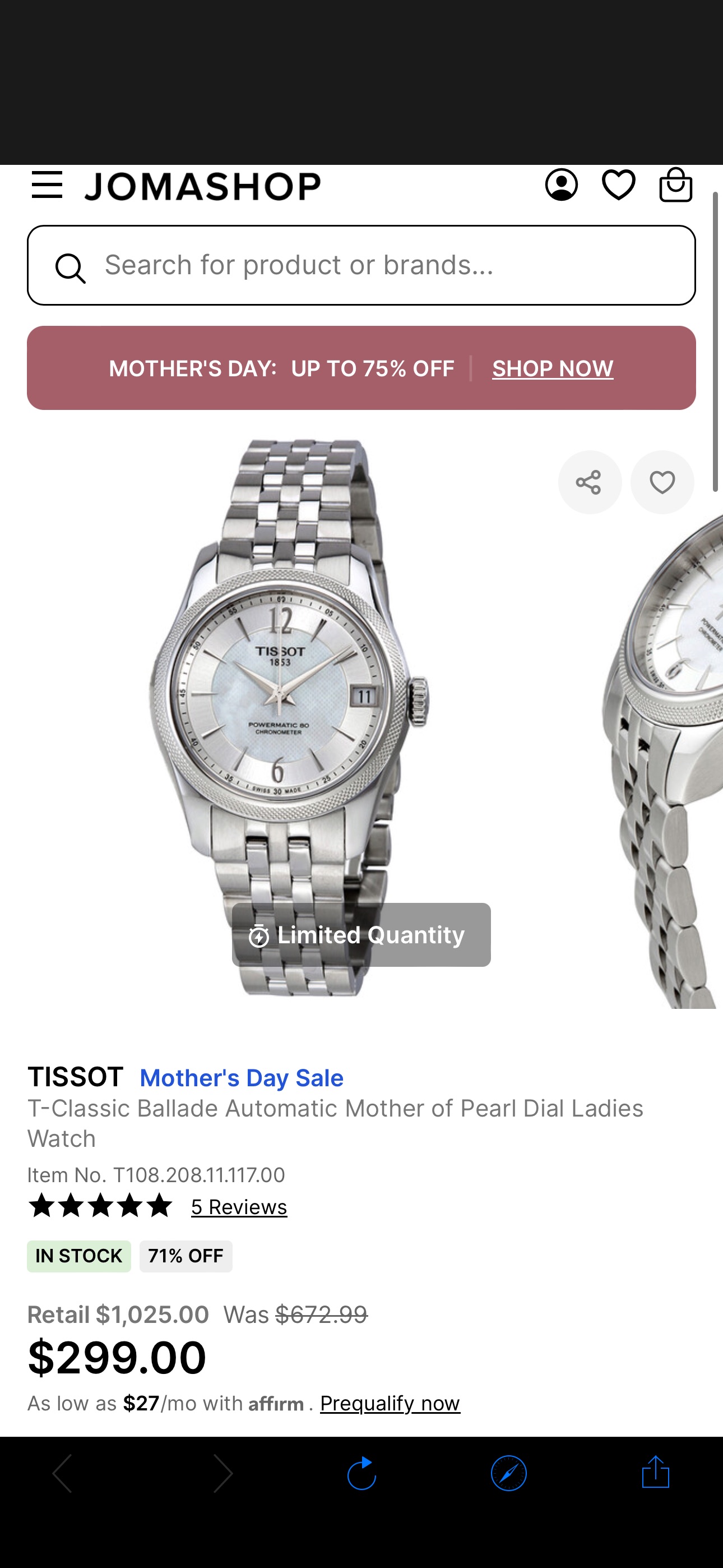 Tissot T-Classic Ballade Automatic Mother of Pearl Dial Ladies Watch T108.208.11.117.00 7611608278673 - Watches, T-Classic - Jomashop