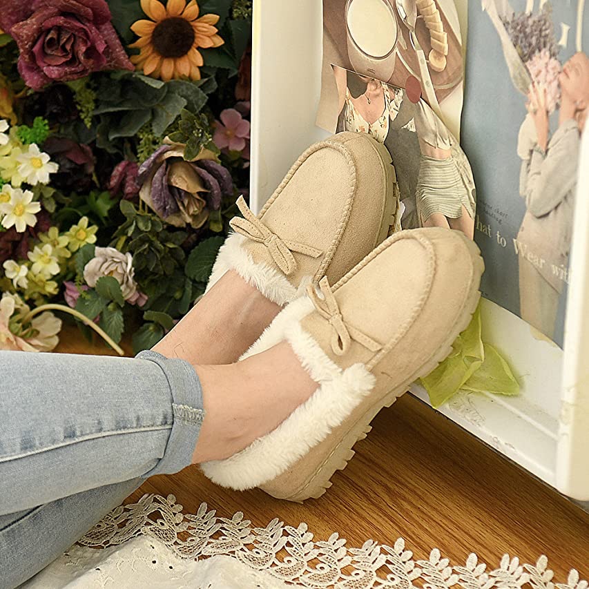 Amazon.com | FANTURE Womens Slipper Micro Suede Faux Fur Lined Indoor & Outdoor Moccasins Slip On U419WMT005-Sand-07-38 | Shoes