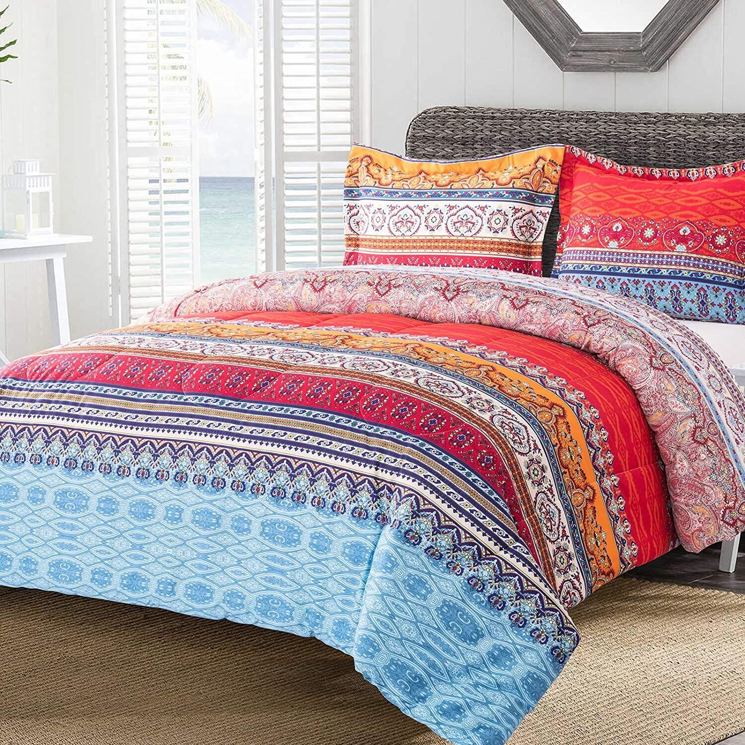 Shatex Queen Size Bed Comforter 3 Pieces Bedding Comforter Sets Bohemian Stripe Comforter Set – Ultra Soft 100% Microfiber Polyester 大丰被子三件套