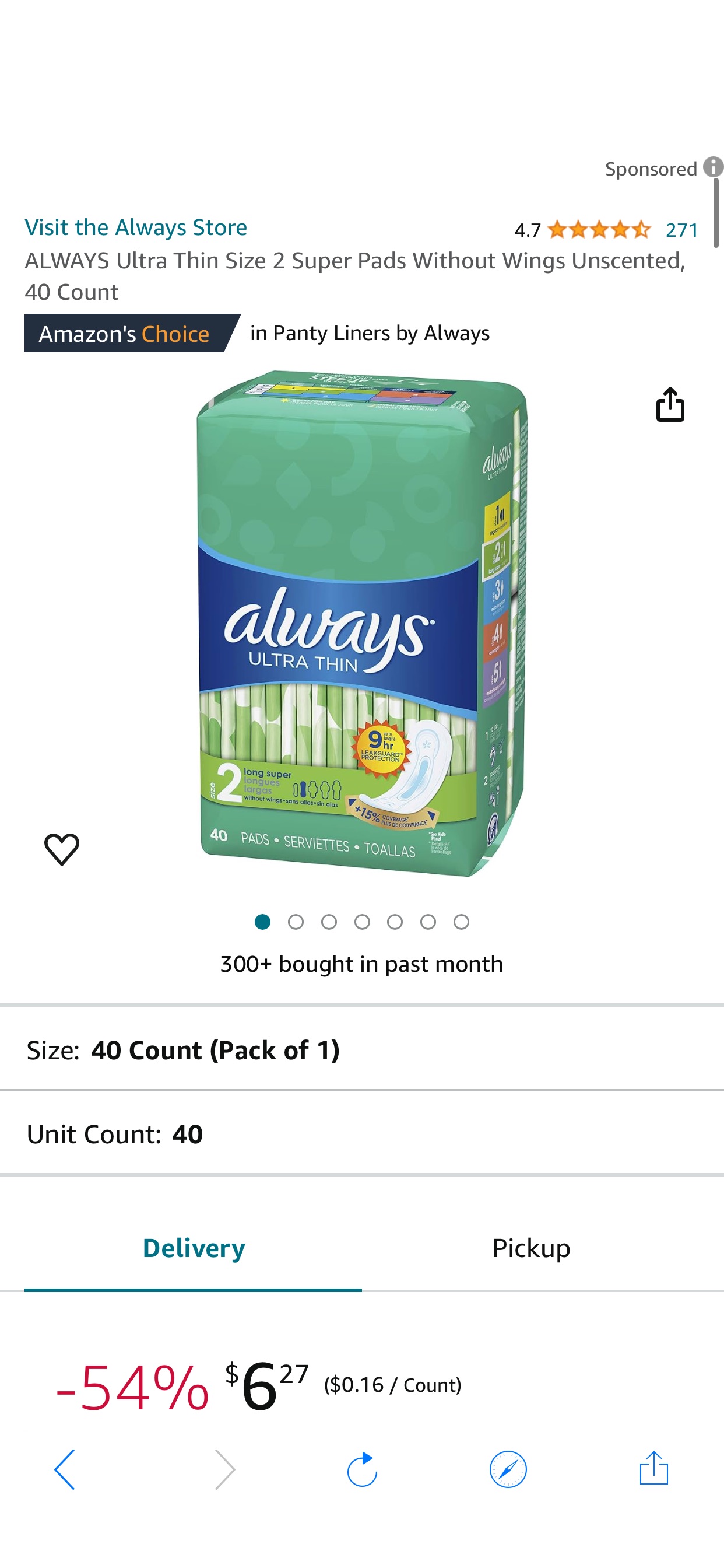 Amazon.com: ALWAYS Ultra Thin Size 2 Super Pads Without Wings Unscented, 40 Count : Health & Household 超薄卫生巾40片