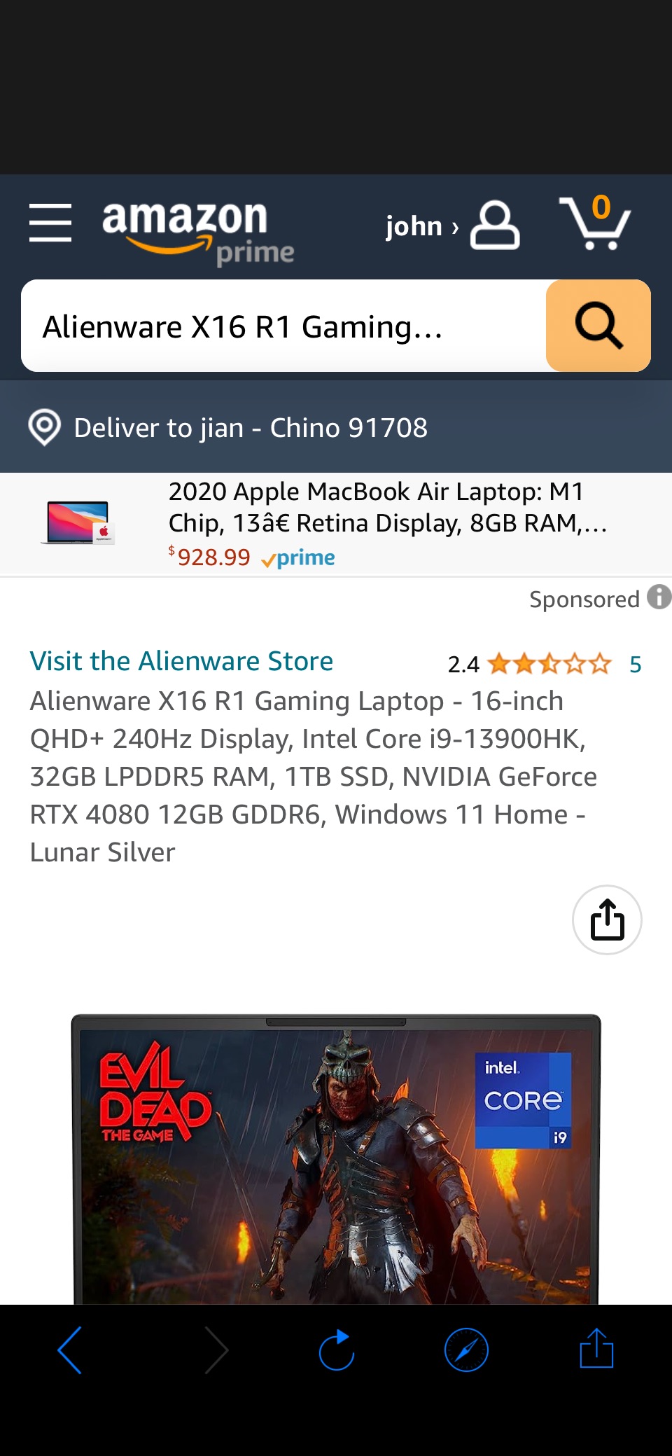 Amazon.com: Alienware X16 R1 Gaming Laptop - 16-inch QHD+ 240Hz Display, Intel Core i9-13900HK, 32GB LPDDR5 RAM, 1TB SSD, NVIDIA GeForce RTX 4080 12GB GDDR6, Windows 11 Home - Lunar Silver : Electronics