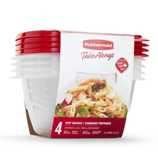 Rubbermaid TakeAlongs Food Storage Containers, Deep Squares, 5.2 Cup, 4 Pack